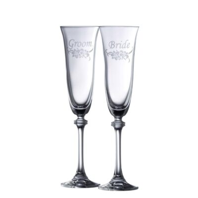 Engraving Galway Crystal Glassware | Floral Bride & Groom Liberty Flute Glass Pair