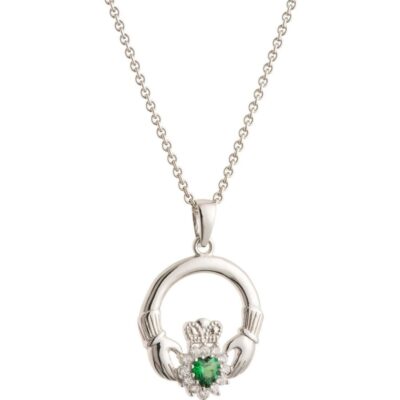 Jewellery Galway Irish Crystal Pendants | Green Crystal Sparkle Claddagh Silver Pendant