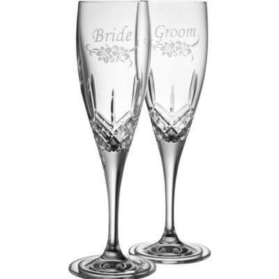 Glassware Galway Crystal Champagne Glasses | Bride & Groom Floral Spray Flute Pair